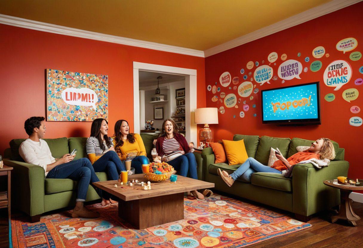 A vibrant collage of diverse individuals laughing heartily as they watch humorous video snippets on various screens. Include elements like colorful speech bubbles with funny quotes and cinematic effects to capture the essence of laughter. Illustrate a cozy living room setting with popcorn and drinks to enhance the engaging atmosphere. cartoonish style. bold colors. warm and inviting ambiance.