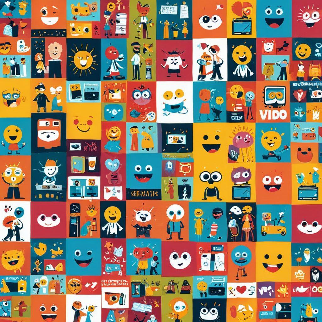 A vibrant collage of various short-form video clips featuring funny characters, hilarious scenarios, and comedic moments, all bursting with color and energy. Include a classic film reel or play button to symbolize video content, with laughter icons and emojis scattered throughout to emphasize humor. Make the characters diverse and engaging, showcasing different styles of comedy. playful and lively. vector art. vibrant colors.