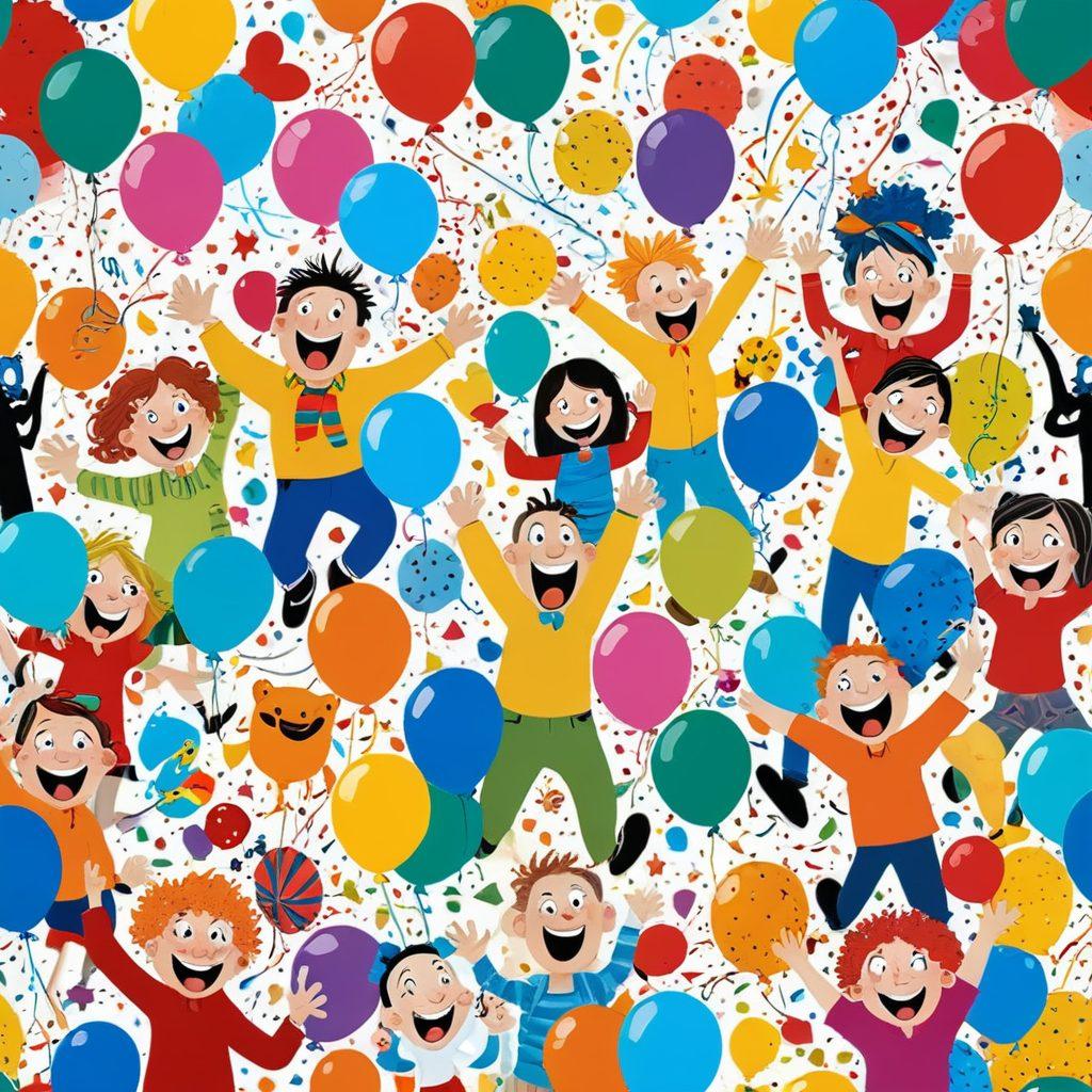 A vibrant collage of diverse, amusing cartoon characters engaging in various funny activities, such as telling jokes, dancing, and laughing. Incorporate bright colors and dynamic expressions to evoke joy and entertainment. Include playful elements like confetti and balloons to enhance the cheerful atmosphere. Super-realistic style with a touch of whimsy. Bright background.